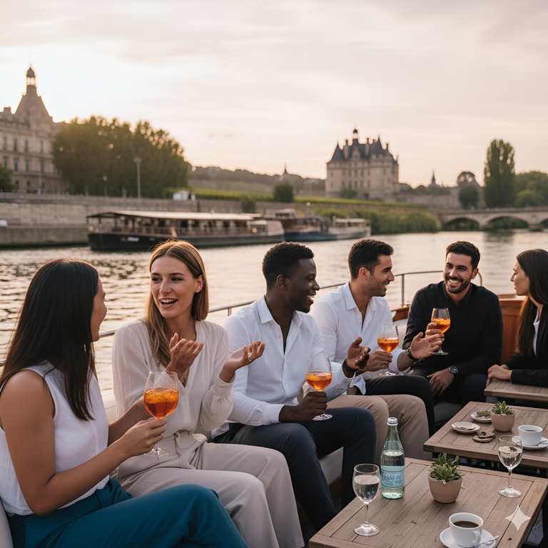 Guests laughing at golden hour
